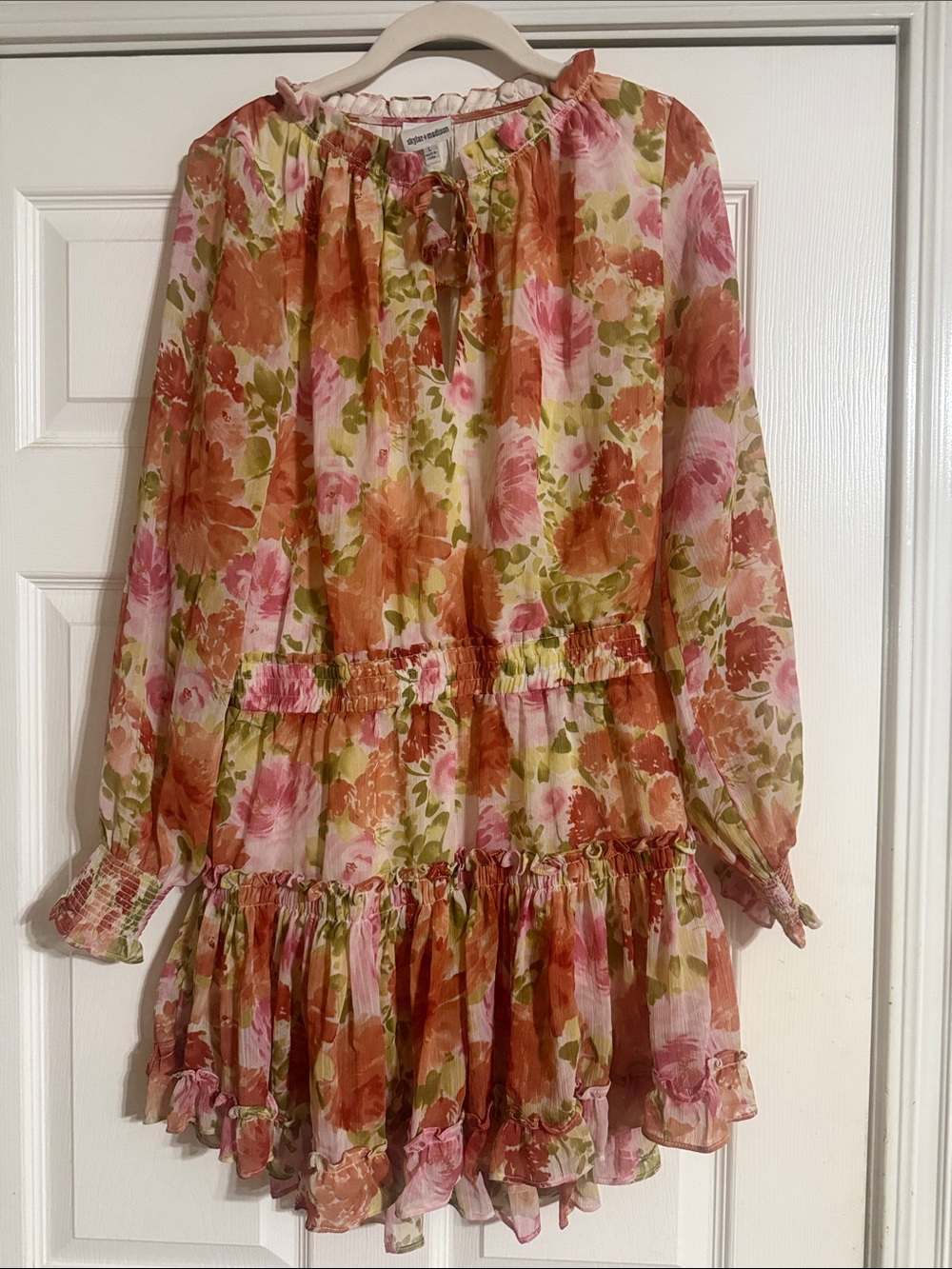 Skylar + Madison Pink, Green & Orange Floral Tiered Long-Sleeve Dress